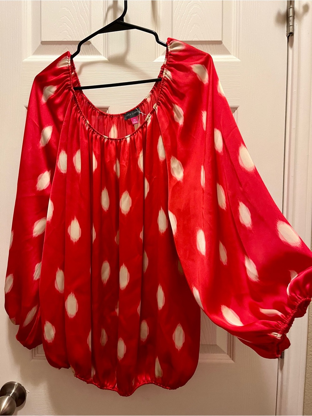 Vince Camuto 2X Red Ivory Polka Dot Balloon Sleeve Blouse Plus Size